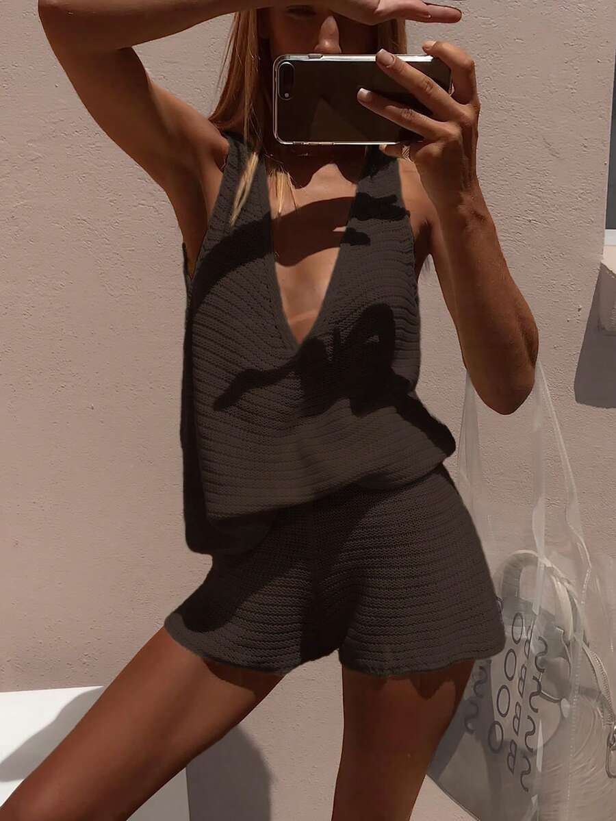 Women's Knit Sexy Top And Shorts Set, Suitable For Daily Wear, Vacation, Japanese Style - Chocolate Brown - View 1