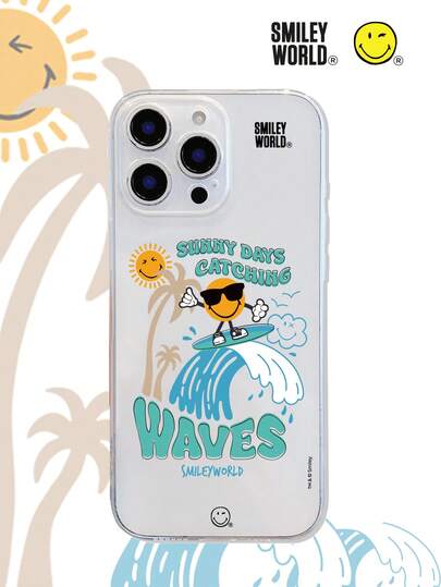 1 pieza Funda de teléfono transparente de material TPU con absorción de impactos de la marca SmileyWorld®, con estampado de gafas de moda de surf, persona, ola, palmera, sol, letra, nube, impresión UV, compatible con iPhone 17, 16, 15, 14, 13, 12, 11 Pro Max, adecuado para regalos de vacaciones, transporte, modelo antideslizante de alto valor
