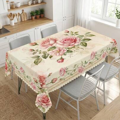 Față de masă din poliester cu imprimeu vintage de trandafiri, potrivită pentru bucătărie, sufragerie, sărbători, banchete, decor de masă pentru petreceri