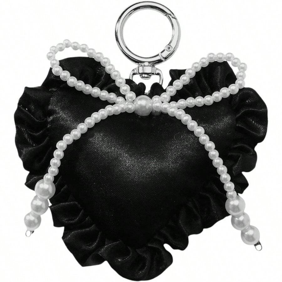 Valentine's Day Gift For Her, Cute Sweet Heart Keychain Bag Purse Charms Lace Pearl Car Keyrings Decoration For Women - Đen ngọc trai - Xem 1