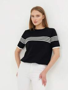 Women's Crew Neck Short Sleeve Striped Knit Blouse - Black - View 2