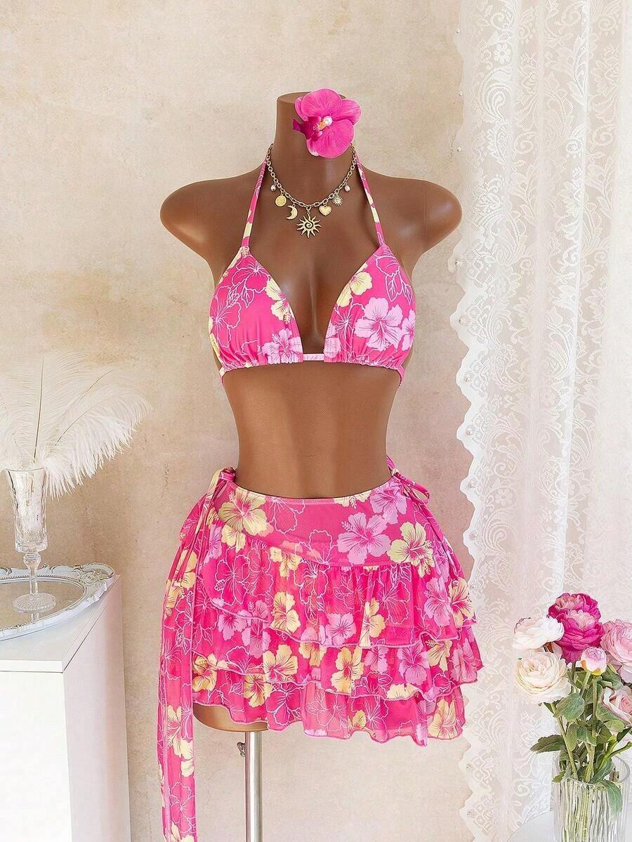 Bellisia 3-Piece Swimsuit Set With Watercolor Floral Print Halter Bikini Top, Side-Tie Bikini Bottom And Sarong Skirt, For Summer Vacation - 多色 6 - 查看 1
