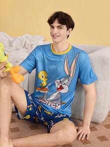LOONEYTUNES Cartoon All-Over Print Men's Pajama Set, Light Blue Striped Short Sleeve Top And Shorts - Multicolor - View 1