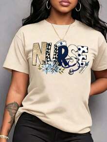 Camiseta Holgada Sencilla Mujer Estilo Moderno - Diseño Temático, Manga Corta, Cuello Redondo, Corte Holgado, Transpirable y Lavable a Máquina, en un Brillante Azul Turquesa con Estampados de Estetoscopio y Jeringa, un Divertido Atuendo de Enfermería Adecuado para Uso Casual en Primavera, Verano y Otoño, Ideal para el Día de la Enfermera y Ropa de Trabajo Diaria. Camiseta Mujer Estampado Gráfico  Verano 2026 - Albaricoque - Ver 5