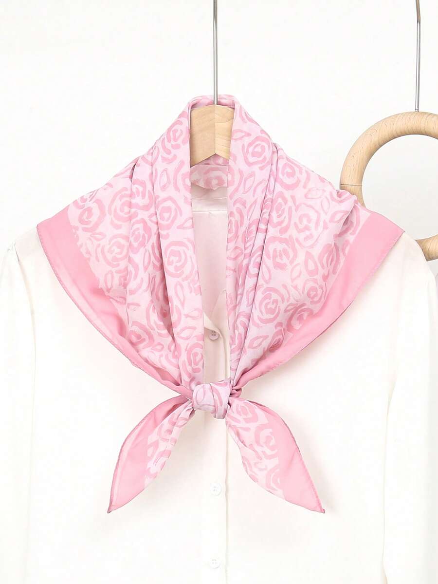1pc Simple Printed 70cm Square Scarf, New Spring Bandana For Women, Versatile Waist Tie, Headband, Fashion Neckerchief, Holiday - Pink - View 1