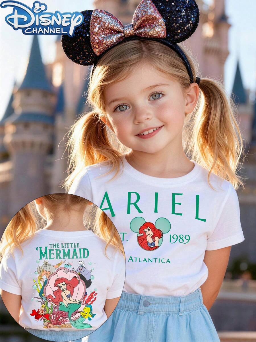 Disney Princess Ariel Pattern - A Cute, Fresh, And Fashionable Disney Baby Girl Round Neck T-Shirt, 100% Pure Cotton, Is The Ideal Choice For Daily Wear, Holiday Leisure, Outdoor Exploration, School Life, And Shopping Trips. It's Also A Summer Must-Have And Makes An Excellent Disney Gift For Both Girls And Boys. - trắng - Xem 1