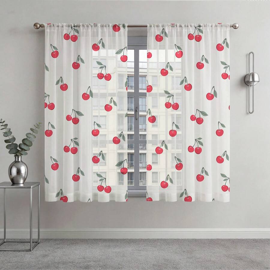 NOSBEI 2 piezas/1 pieza Cortinas pequeñas de cereza roja, tela opaca, cortinas de frutas lindas para la habitación de los niños y la habitación de invitados, 132 cm de ancho x 213 cm de largo - Multicolor - Ver 1