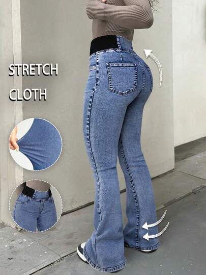 GILIPUR Quần jeans nữ ống loe cạp cao phong cách Y2K, màu trơn, dáng ôm, chất liệu denim co giãn thanh lịch, màu xanh denim bạc màu, phong cách đường phố.