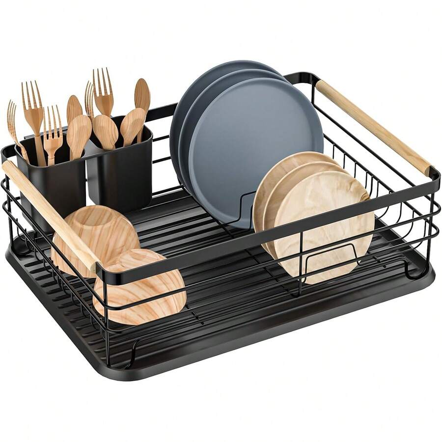 Abtropfgestell Geschirr, Geschirrabtropfgestell mit Tropfschalen und Bestecksammler, Abtropfgitter Gestell für Geschirr, für 3-5 Personen Familie, 43*30.5*14 cm, Schwarz - Übersicht 1