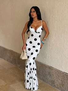 Summer Dress, White Polka Dot Print Spaghetti Strap Dress, Elegant, Date, Party, Birthday, Holiday, Wedding, Beach - White - View 3