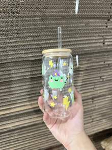 Ly thủy tinh có ống hút hình nơ, dùng đựng cà phê, trà xanh, nước ép, nước trái cây, đồ uống lạnh, cà phê, trà xanh, v.v. - Nhiều màu - Xem 14