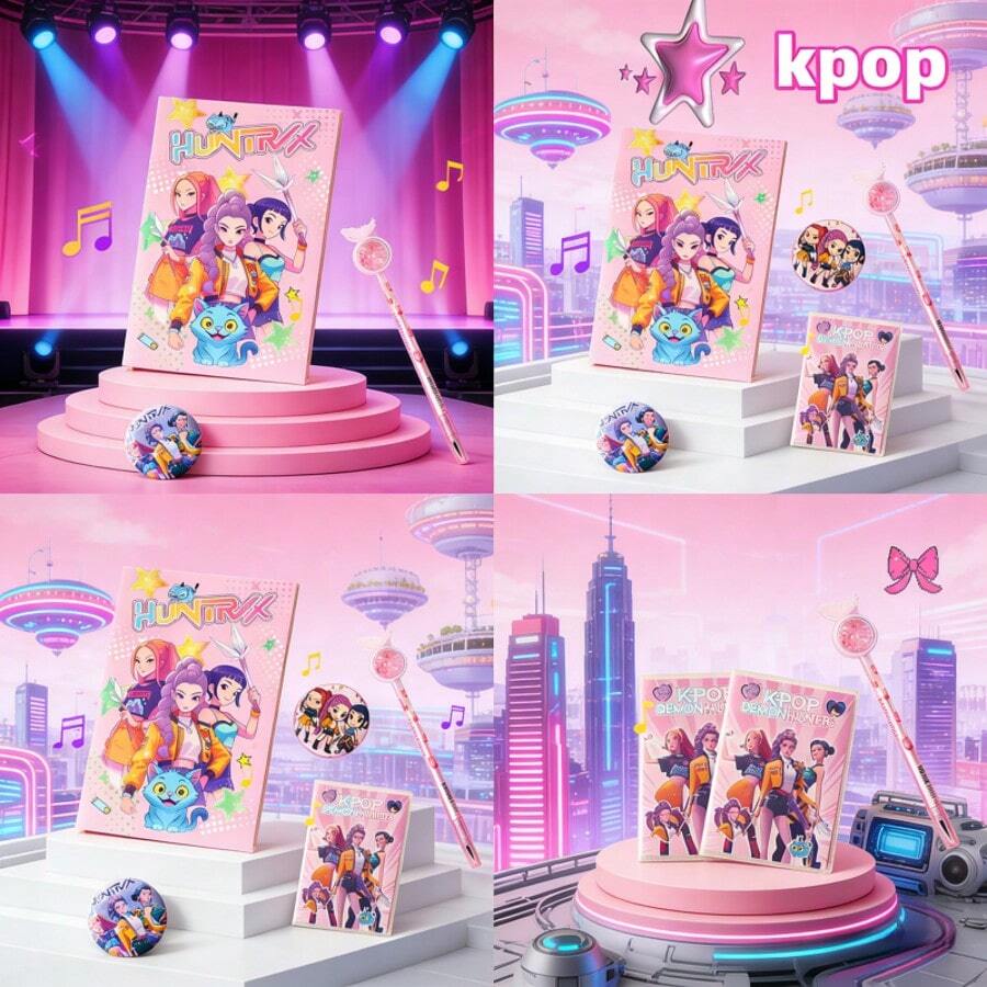 Hasbro Bộ văn phòng phẩm học sinh K-POP chất lượng cao - Chủ đề Thợ săn phù thủy, bao gồm sổ tay, huy hiệu, bút gel và sổ tay mini [Giao hàng ngẫu nhiên] - Nhiều màu - Xem 1