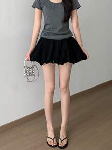 [Summer Balloon Mini Skirt] Korean Fashion Ribbed High-Waisted Balloon Skirt Women's Bottoms Summer Lightweight Sweet And Cute Pumpkin Skirt Soft To The Touch, Highly Breathable, Prevents Flipping Up A-Line Skirt Perfect For The Office, Park, And Casual Outings - Black - View 11