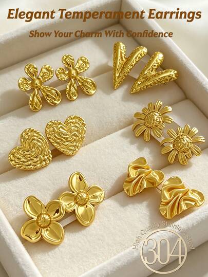 12 Pieces Per Set. Women's Gold Statement Earrings, An Exquisite And Elegant Set Of Ladies' Earrings, Including Irregularly Pleated Heart-Shaped Earrings, Creative "V" Shape Earrings, Hammered Heart-Shaped Earrings, Five-Leaf Flower Earrings, Gold Flower Earrings. Suitable For Various Party Occasions