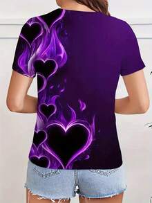 Women's V-Neck T-Shirt With Fluorescent Flame Heart Print On A Solid Purple Background: The Solid Purple Base Is Paired With A Fluorescent Purple Flame Surrounding A Heart Print, Making It Sweet, Cool, Romantic, And Eye-Catching - Màu hỗn hợp - Xem 2