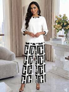 SHEIN Lady Bộ 2 món áo tay lỡ in họa tiết thường ngày dành cho nữ và quần dài - Đen và trắng - Xem 2