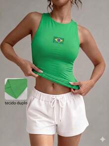 Women's Double-Layered Polyamide Blouse With Brazil World Cup Theme. Suitable For Evenings, Holidays, Vacations, Office, Home, Diary, Birthday Parties, Dating, Homecoming, Travel, Brunch, Airport Wear, Sports And Fitness. - 綠色 - 查看 6
