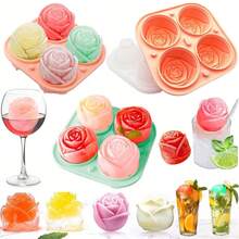 4-Cavity Rose Shaped Silicone Tray With Lid, 3D Rose Ice Ball Maker, Mold For Whiskey, Cocktails, Romantic Occasions - Pink Small - View 2