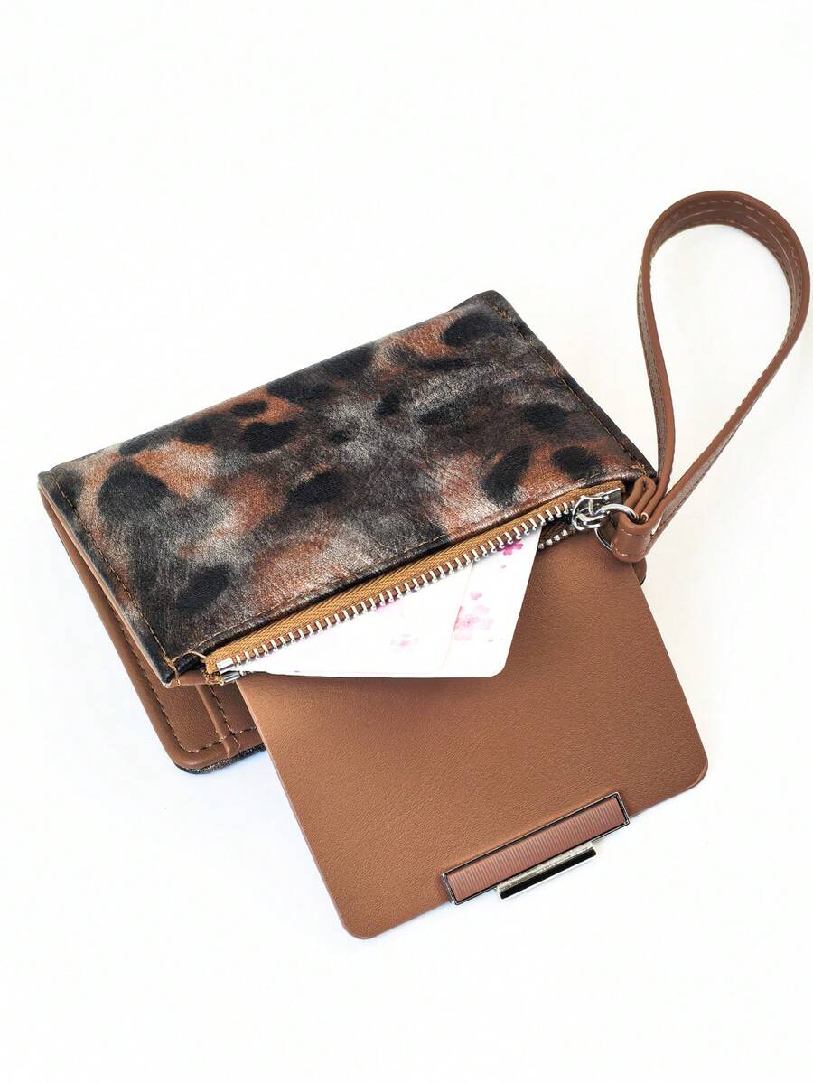 Women's Short Contrast Color Patchwork Wallet, Fashion Leopard Print Multi-Function Card Holder Pouch, Elegant Snap Closure Young Student Large Capacity Zipper Coin Purse, Lightweight Stylish Convenient Carry, Suitable For Holiday Gift - Mocha Brown - View 1