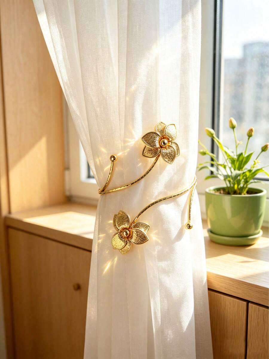 花朵造型锌合金窗帘环，金属质感搭配布艺花朵装饰的装饰性窗帘挂钩，优雅的客厅和卧室窗帘装饰 - 金色合金花款 - 查看 1