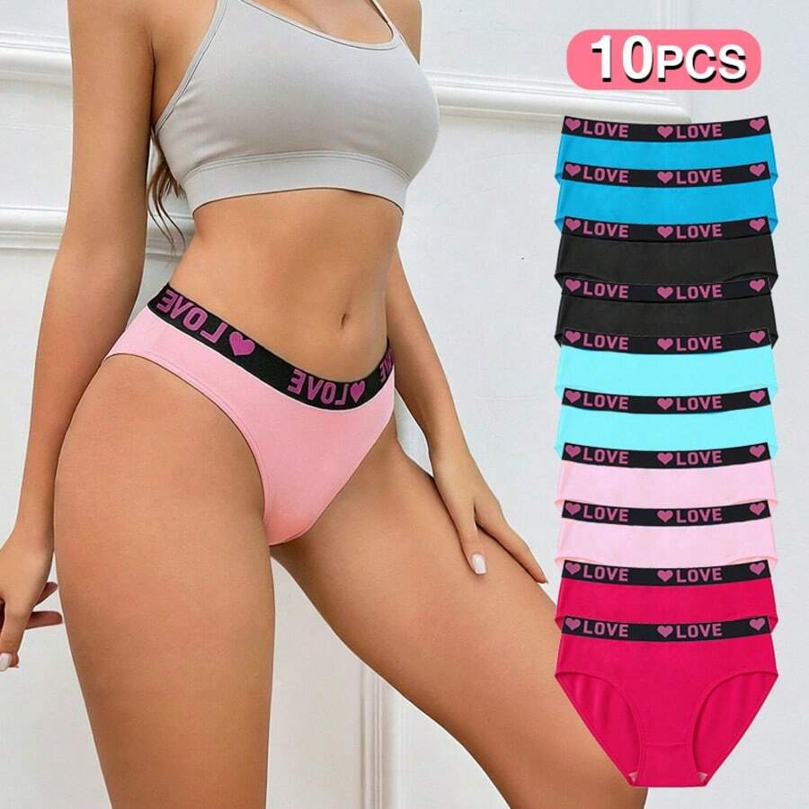 10-Pack Women's High Waist Briefs, Soft Skin-Friendly Breathable Cotton Underwear, LOVE Print Elastic Waistband Panties, Multicolor Casual Daily Wear - Nhiều màu - Xem 1