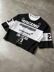 Men's Loose Fit Short Sleeve Casual T-Shirt With Colorblock Print Slogan Graphics, Suitable For Rappers And Anyone Wanting To Go Out - Black - View 3