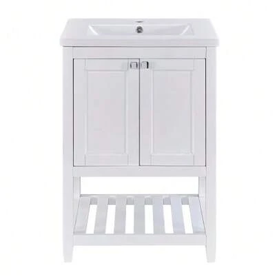 Single Bathroom Vanity Unit With 60cm Low Sink With Ceramic Washbasin, White.