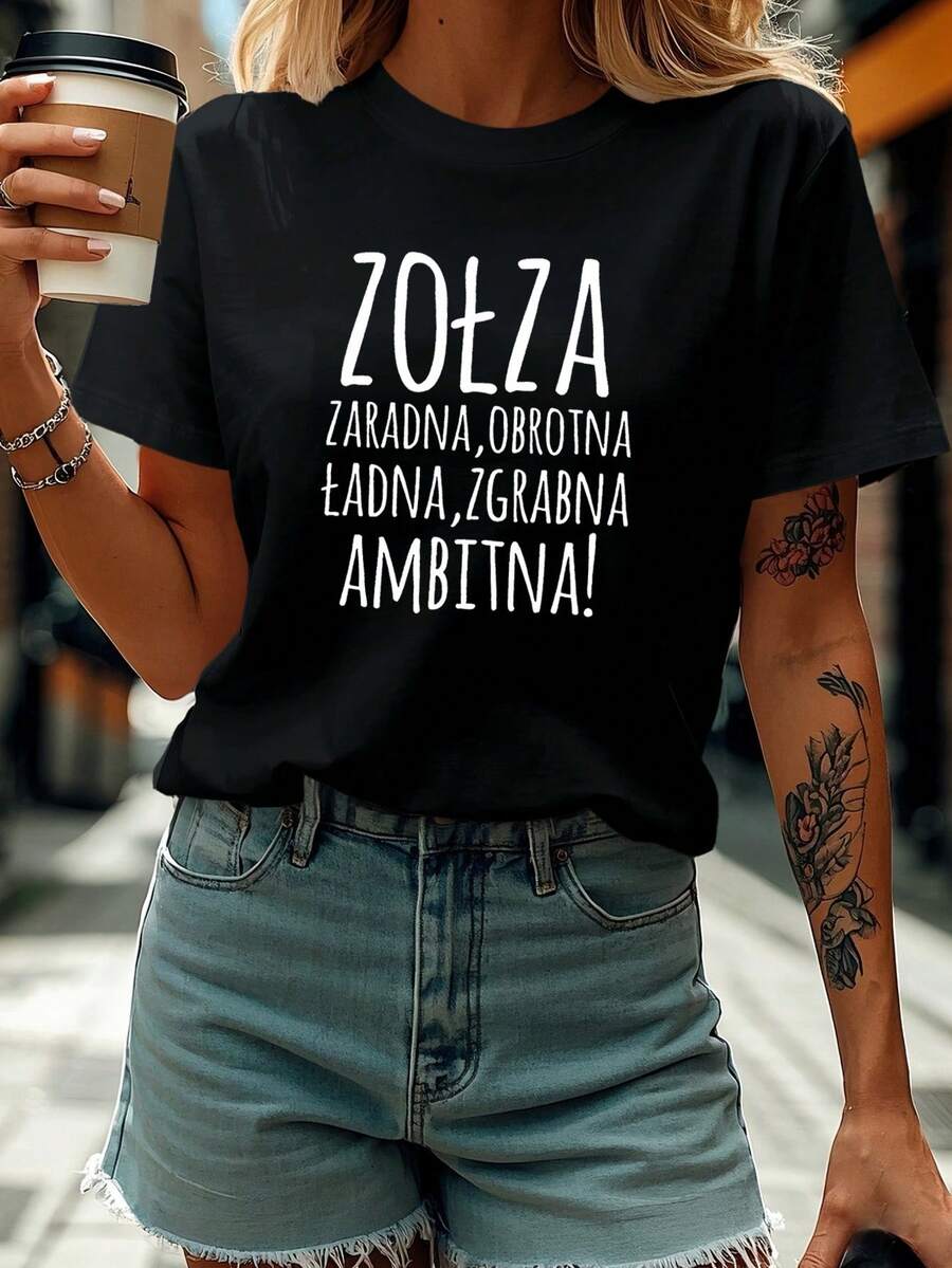 Polish Letter Print T-Shirt, Short Sleeve Crew Neck Casual Top For Summer And Spring, Women's Clothing - Hitam - View 1