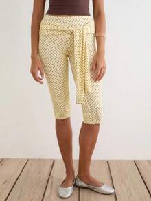 3/4 Length Pants For Women Low Rise Adjustable Wrap Tie Detail Solid Color Slim Fit Capris - Yellow - View 2