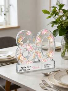 1件定制花卉里程碑生日亚克力数字牌匾，可个性化定制姓名文字，60岁70岁生日数字装饰，适合作为送给妈妈、奶奶的感谢礼物，生日/退休/周年纪念派对中心装饰品，底座刻字，具有纪念意义 - 彩色 - 查看 28