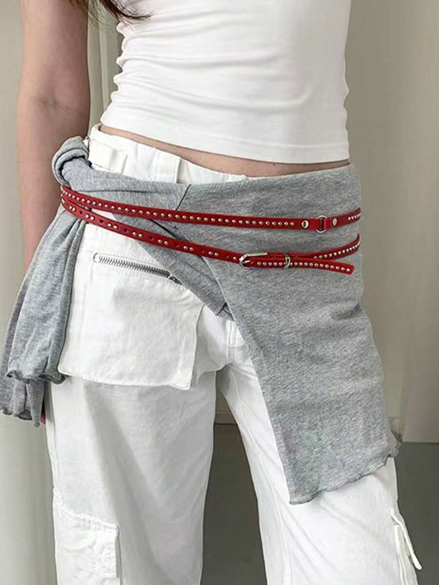 1pc Women's White PU Material Street Style Double-Layer Rivet Belt - Red - View 1