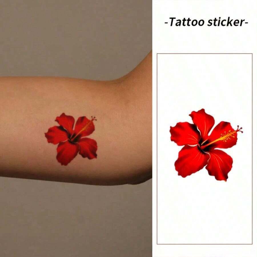 1 pieza Tatuaje temporal impermeable y a prueba de manchas, material de PVC, patrón floral rojo, apto para uso diario