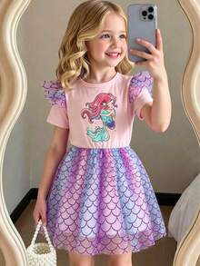 Vestido infantil com estampa de sereia, manga curta, gola redonda, delicado vestido princesa com lantejoulas em degradê, ideal para uso diário, festas e verão. - Rosa - Ver 1
