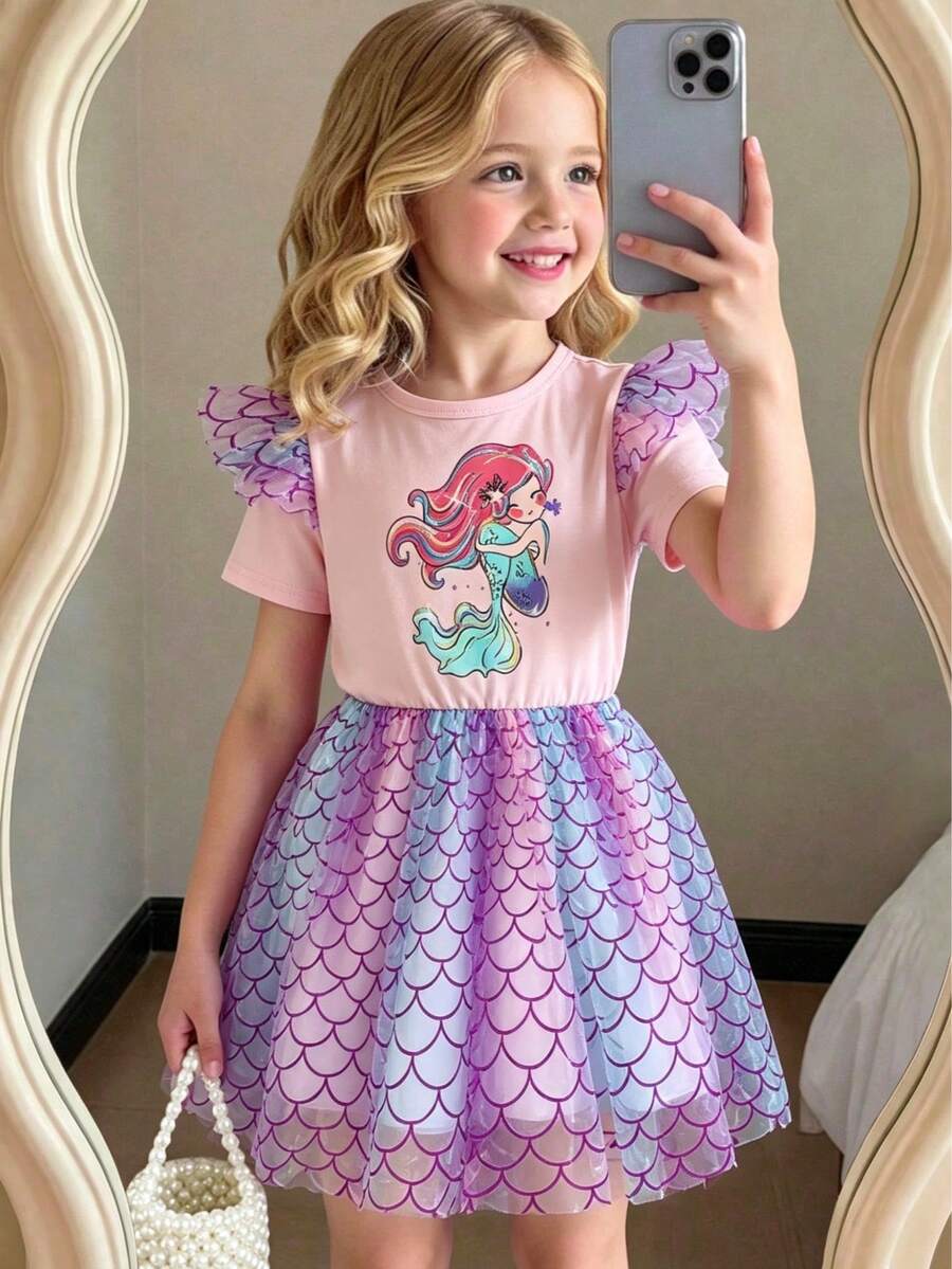 Vestido infantil com estampa de sereia, manga curta, gola redonda, delicado vestido princesa com lantejoulas em degradê, ideal para uso diário, festas e verão. - Rosa - Ver 1