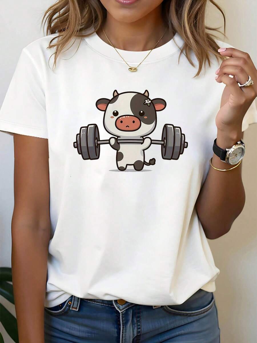 'Mighty Bull Strikes' Energetic Style - A Fun And Creative Design With A Cute Cow Print For Women's Crew Neck T-Shirt For Spring And Summer - White - View 1