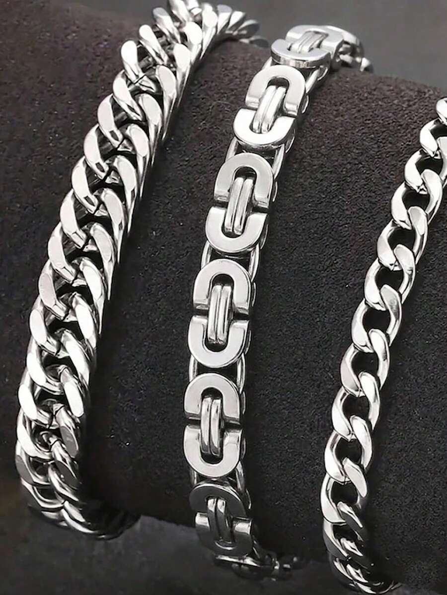 3pcs/Set Men's Stainless Steel Simple Fashion Link Chain Bracelet, Daily Wear Bracelet - Silver - View 1