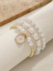 3 Peças Conjunto de Pingente de Cruz e Etiqueta Geométrica de Esmalte, Pulseira Elástica com Contas de Pérola Falsa, Joias de Moda Elegante para Mulheres, Adequado para Uso Diário, Trabalho e Férias - Multicolorido - Visão 3