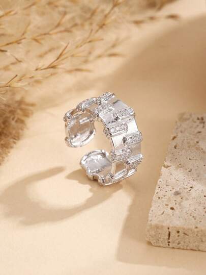 1 pieza Anillo abierto ajustable de cobre con tono plateado y circonita cúbica, elegante y versátil, adecuado para fiestas, uso diario, citas, decoración, joyería para mujer
