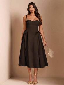Elegante vestido largo sin mangas con manga abultada para mujer, adecuado para citas diarias, salidas, discotecas, fiestas, temporada de otoño - Café integral - Ver 3