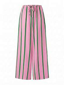 Pantalones de Verano para Mujer, de Pierna Ancha, a Rayas Rosas, de Cintura Alta, Casuales, Holgados, Estilo Bohemio, de Pierna Recta, Largos - Rosa Verde - Ver 4