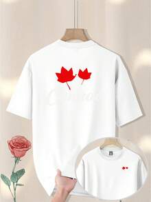 Women's Red Maple Leaf Graphic T-Shirt - Casual, Short Sleeve, Crew Neck, Lightweight Cotton T-Shirt, Features Stylish Cursive 'Can' Design, Perfect For Summer Outings And Outdoor Adventures, Stylish And Comfortable Fit, Canadian Souvenir - 白色 - 查看 1