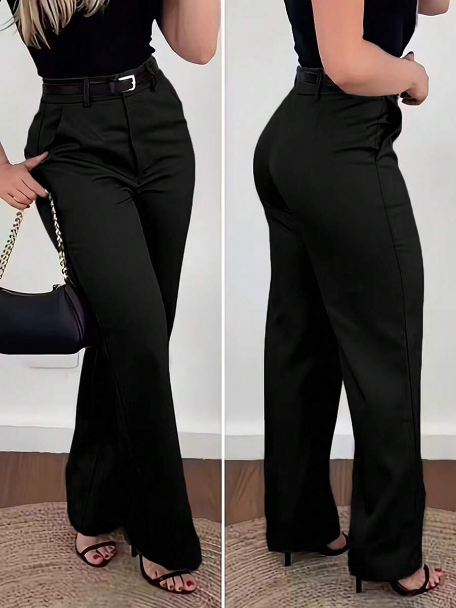 Murshgory (No Belt) Solid Color Zipper Pocket Black Suit Fabric Office Commute Elegant Versatile Spring/Summer Pants - Black - View 1