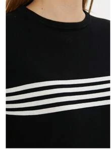 Women's Crew Neck Short Sleeve Striped Knit Blouse - Black - View 6