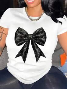 Camiseta de algodón de manga corta para mujer, camiseta negra con estampado de lazo de mariposa - Cuello redondo elegante, tela suave y transpirable, lavable a máquina, ropa casual y formal para todas las estaciones, regalo perfecto para amigas, diseño de lazo elegante, ropa de fácil cuidado. - Blanco - Ver 4
