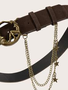 1pc Women's Retro Moon Circular Buckle Coffee Velvet Star Chain Waist Belt, Suitable For Daily Wear - Coffee - View 4