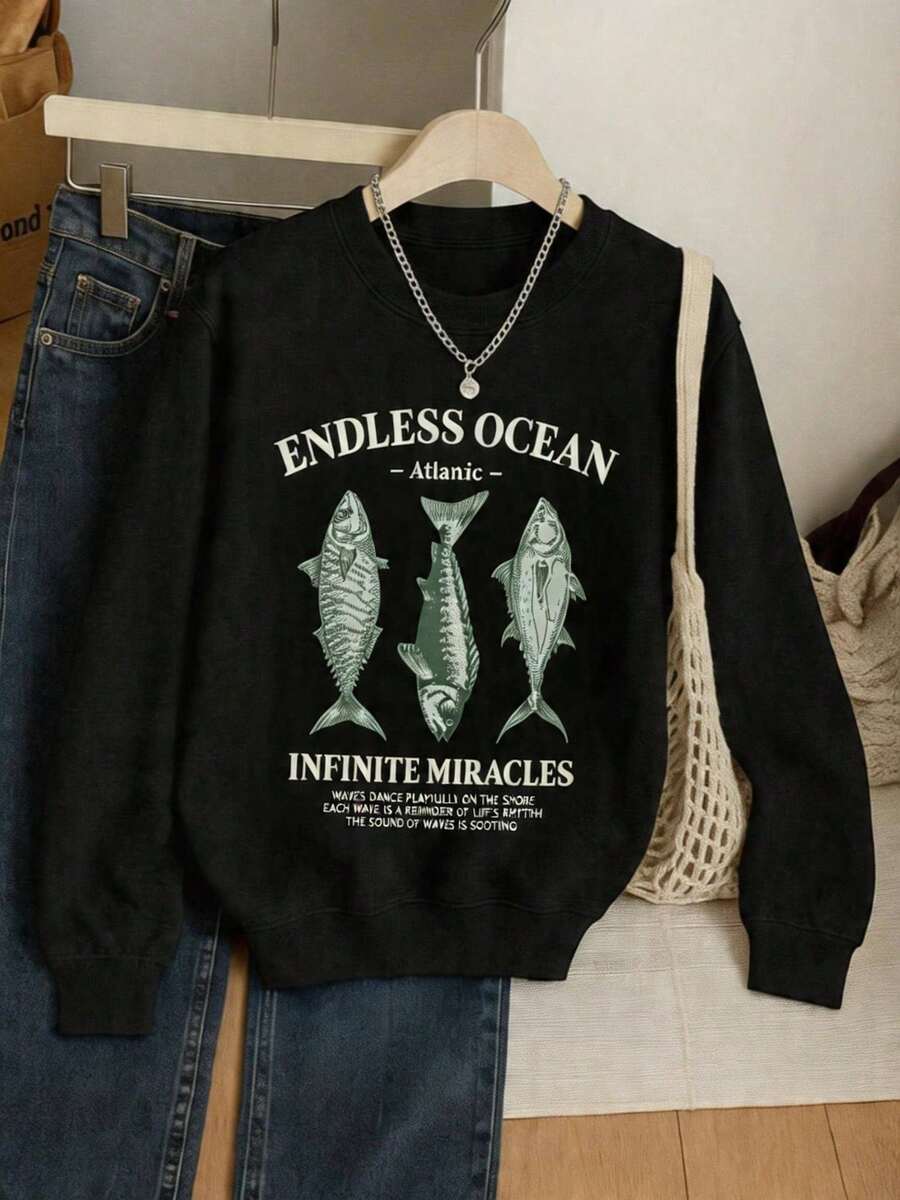 Sudadera estampada para mujer, sudadera tipo jersey para mujer, diseño de estampado creativo, cómoda y cálida, informal y versátil, envío local, ¡entrega rápida! - Negro - Ver 1