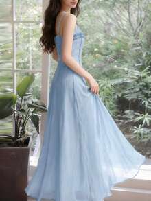 Đầm ôm sát màu xanh lá cây nhạt với viền xếp ly, đầm dạ hội không tay bằng chiffon thanh lịch, áo choàng dáng chữ A dài đến bắp chân, trang phục đi biển và đám cưới. - Màu xanh nhạt - Xem 3