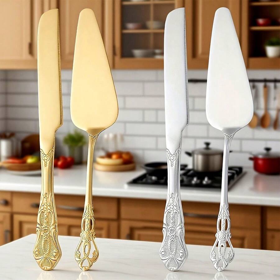 2pcs Wedding Cake Knife And Server Set, Gold Stainless Steel Cake Pie Serving Set Gift Cake Cutting Set For Wedding, Birthday, Parties And Events,Holiday,Serving Dishes For Guests,Party Supply,Kitchen Accessories,Kitchen Gadgets,Festival Gifts