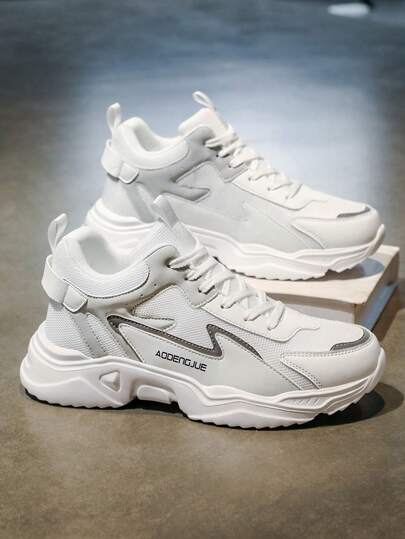 Men's White Mesh Patchwork Outdoor Sports Casual Shoes, Daily Street-Style High-Top Comfortable Running Sneakers, All Season Plus Size Chunky Sneakers