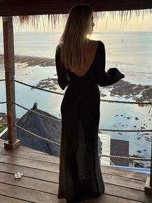 Áo khoác ngoài dài tay khoét lỗ cho nữ, váy maxi cổ chữ V phong cách bohemian thanh lịch, thích hợp cho kỳ nghỉ biển. - màu đen - Xem 7